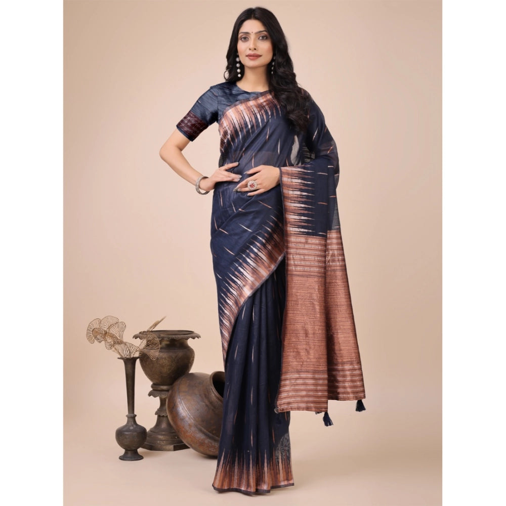 Women'S Linen Cotton Printed Saree With Unstitched Blouse 5.5M