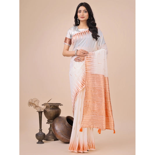 Women's Linen Cotton Printed Saree With Unstitched Blouse 5.5Mtr (White) - VANSHELLE