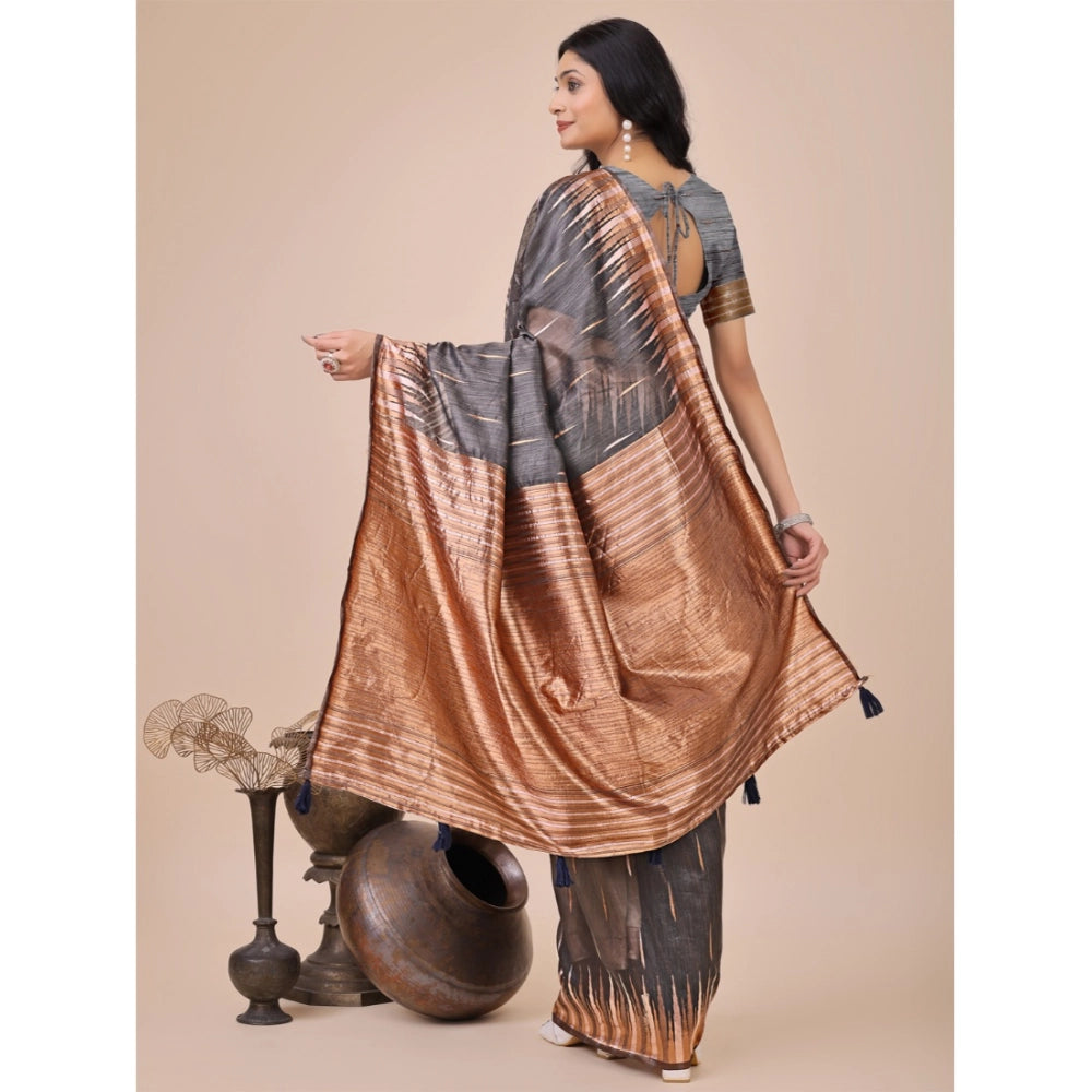 Women's Linen Cotton Printed Saree With Unstitched Blouse 5.5Mtr (Grey) - VANSHELLE