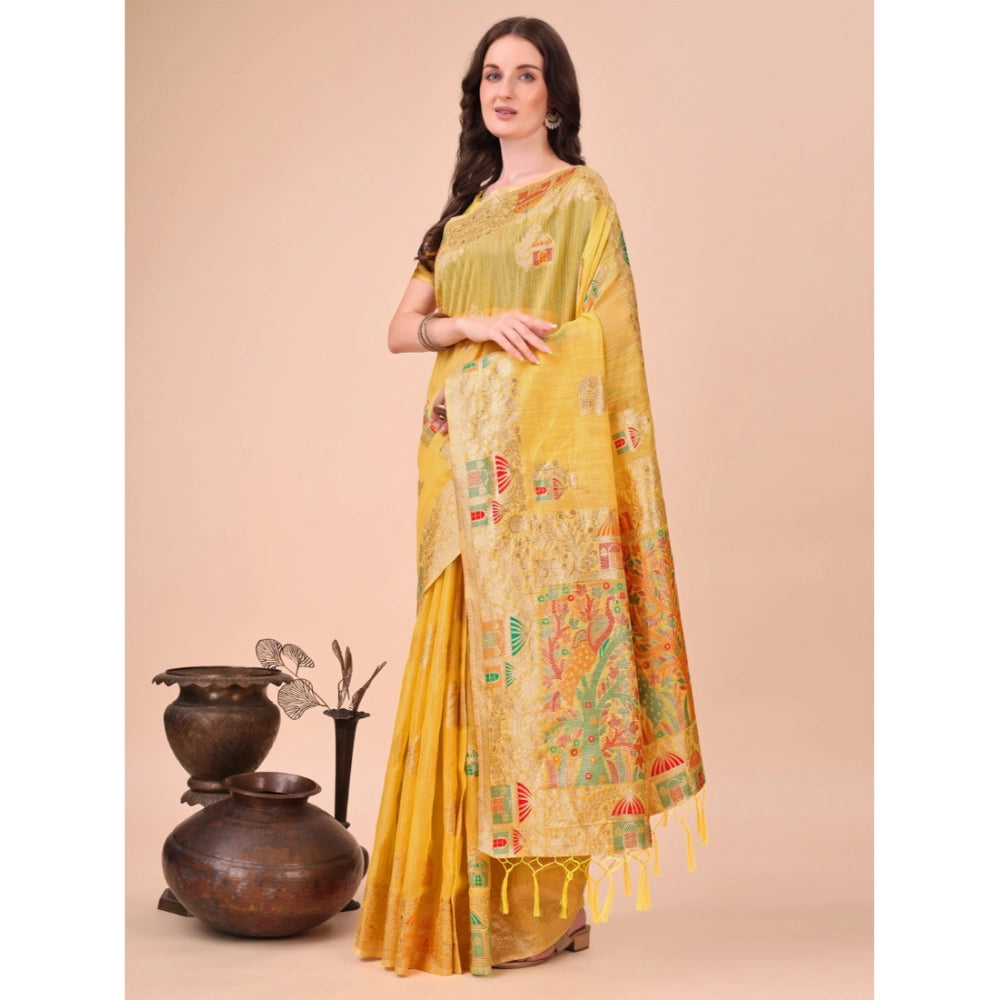 Women's Linen Cotton Printed Saree With Unstitched Blouse 5.5Mtr (Yellow) - VANSHELLE