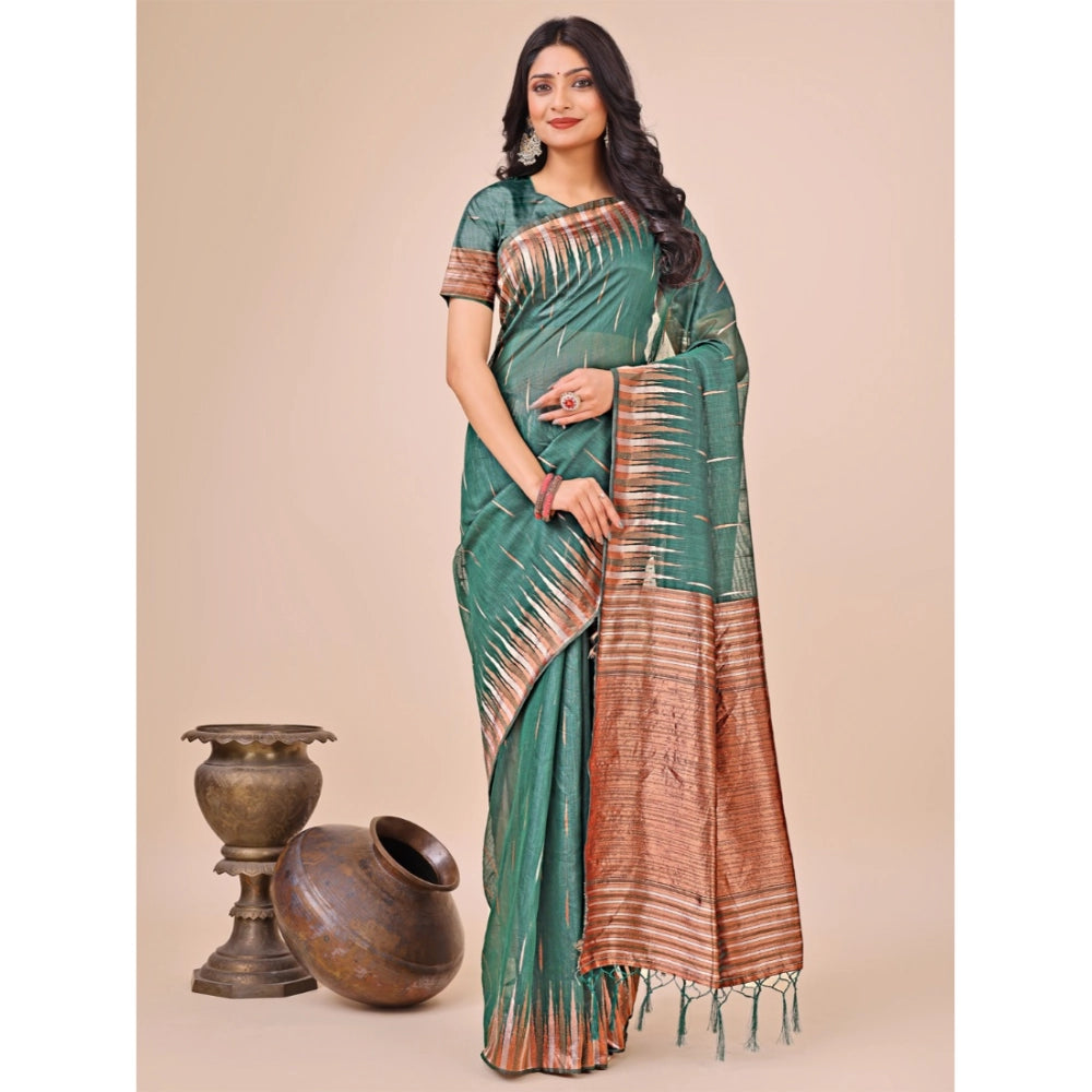 Women's Linen Cotton Printed Saree With Unstitched Blouse 5.5Mtr (Green) - VANSHELLE