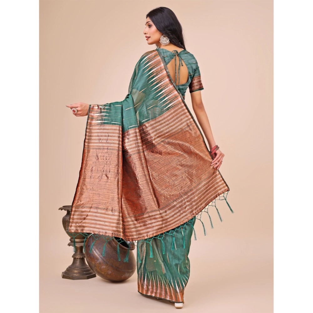 Women's Linen Cotton Printed Saree With Unstitched Blouse 5.5Mtr (Green) - VANSHELLE