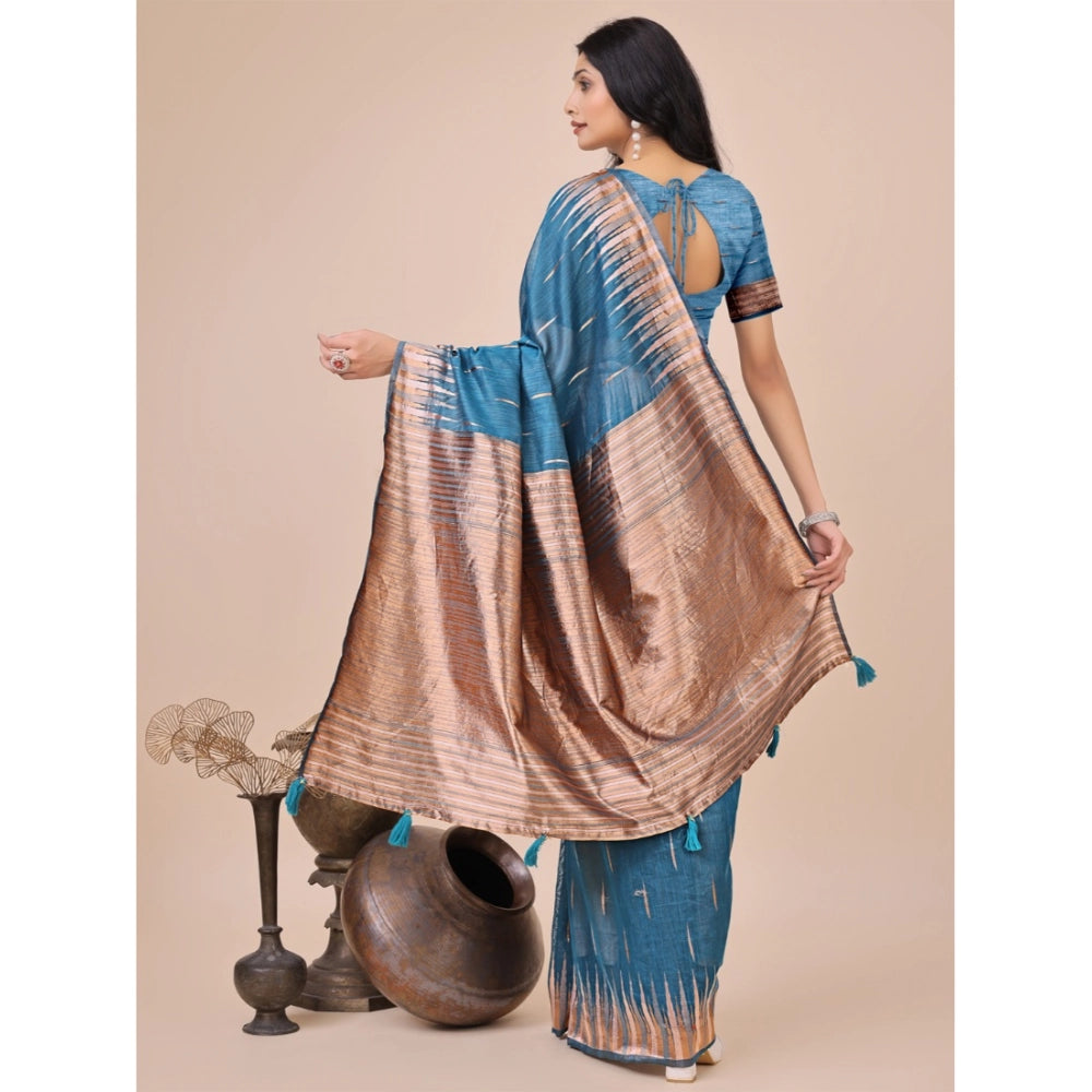 Women's Linen Cotton Printed Saree With Unstitched Blouse 5.5Mtr (Blue) - VANSHELLE