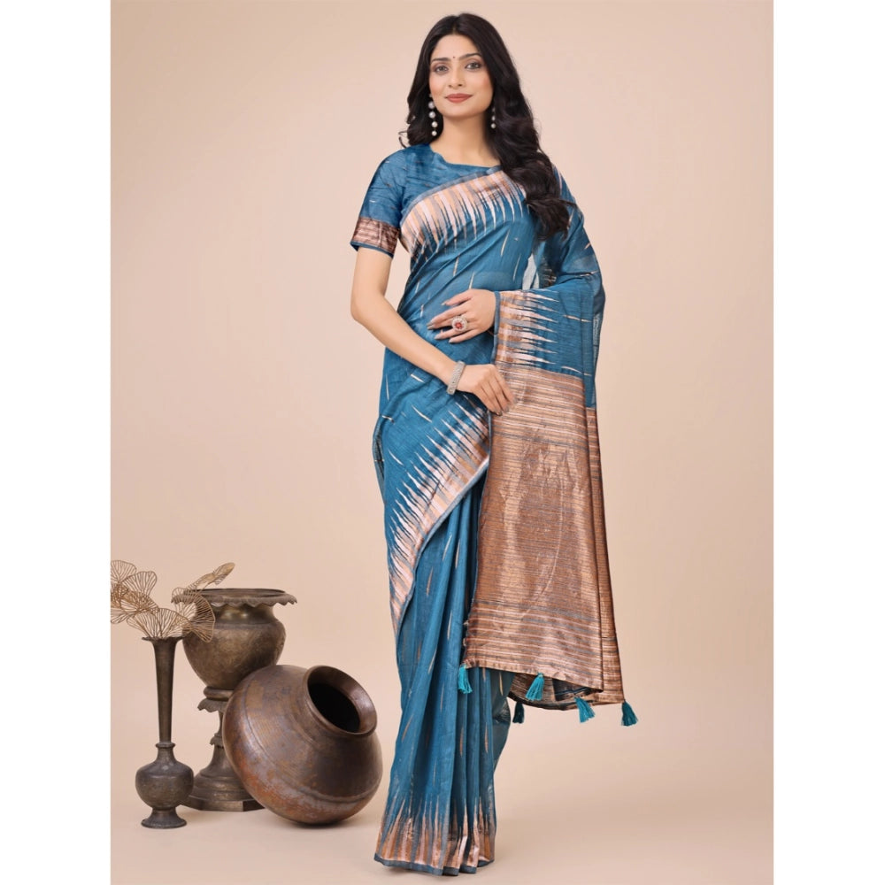 Women's Linen Cotton Printed Saree With Unstitched Blouse 5.5Mtr (Blue) - VANSHELLE
