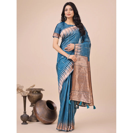 Women's Linen Cotton Printed Saree With Unstitched Blouse 5.5Mtr (Blue) - VANSHELLE