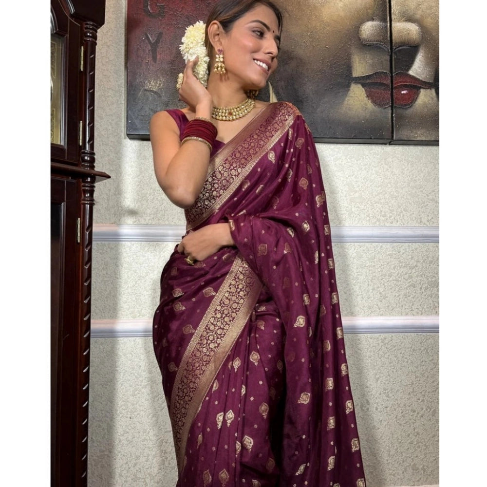 Women's Silk Printed Saree With Unstitched Blouse 5.5Mtr (Wine) - VANSHELLE