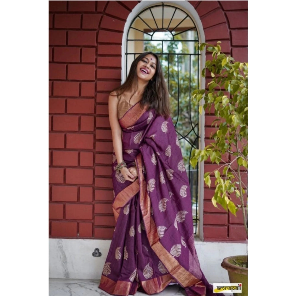 Women's Silk Printed Saree With Unstitched Blouse 5.5Mtr (Purple) - VANSHELLE