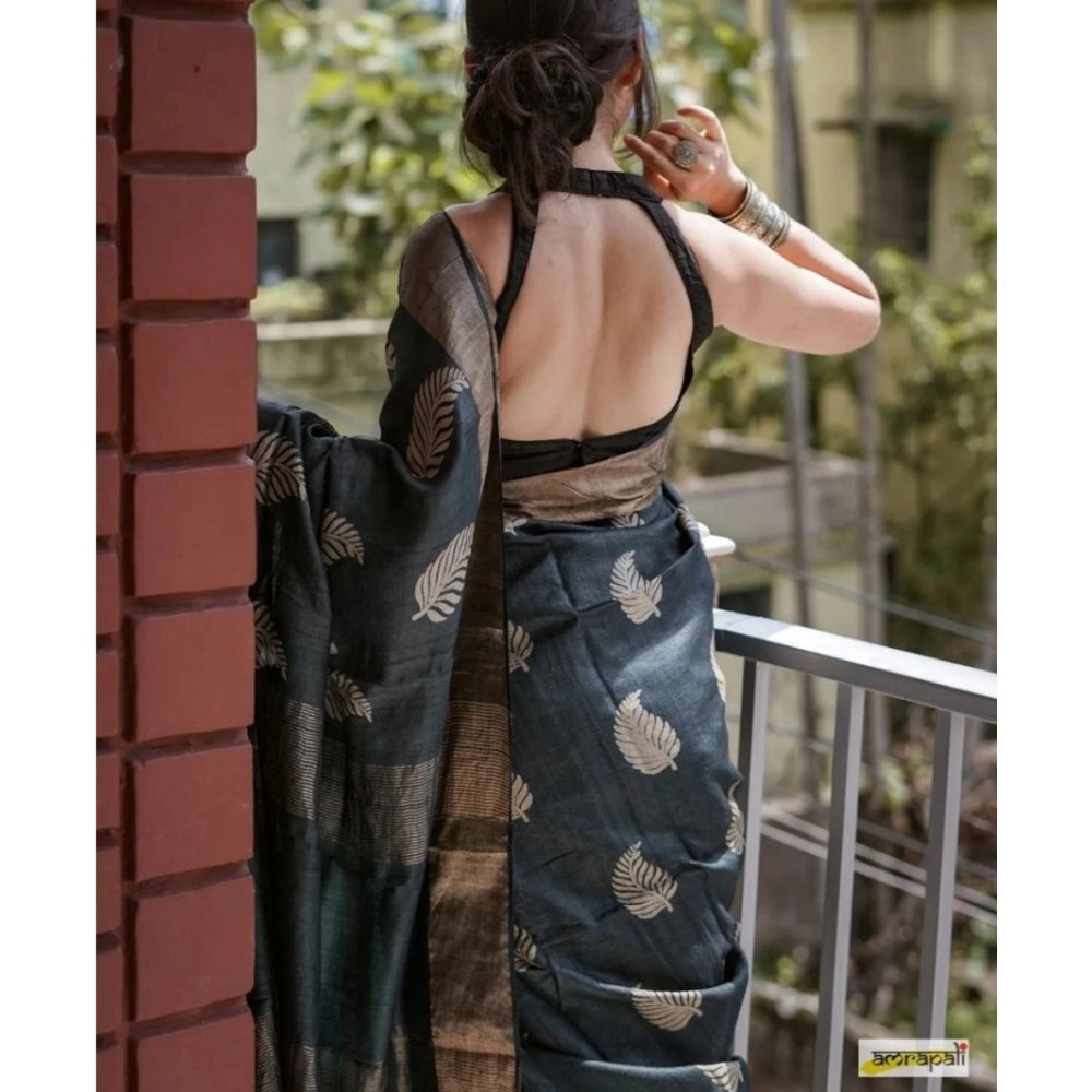 Women's Silk Printed Saree With Unstitched Blouse 5.5Mtr (Black) - VANSHELLE