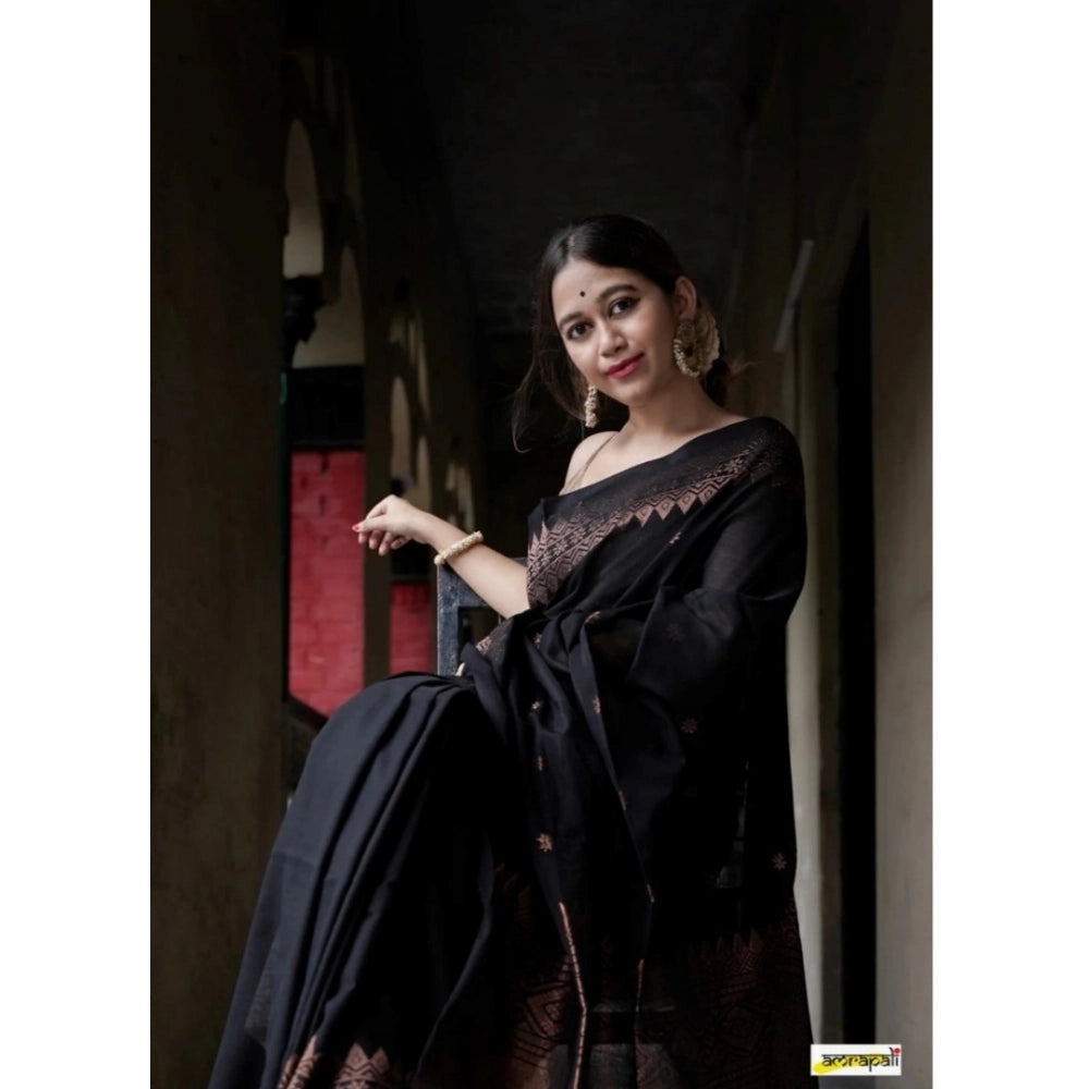 Women's Silk Printed Saree With Unstitched Blouse 5.5Mtr (Black) - VANSHELLE