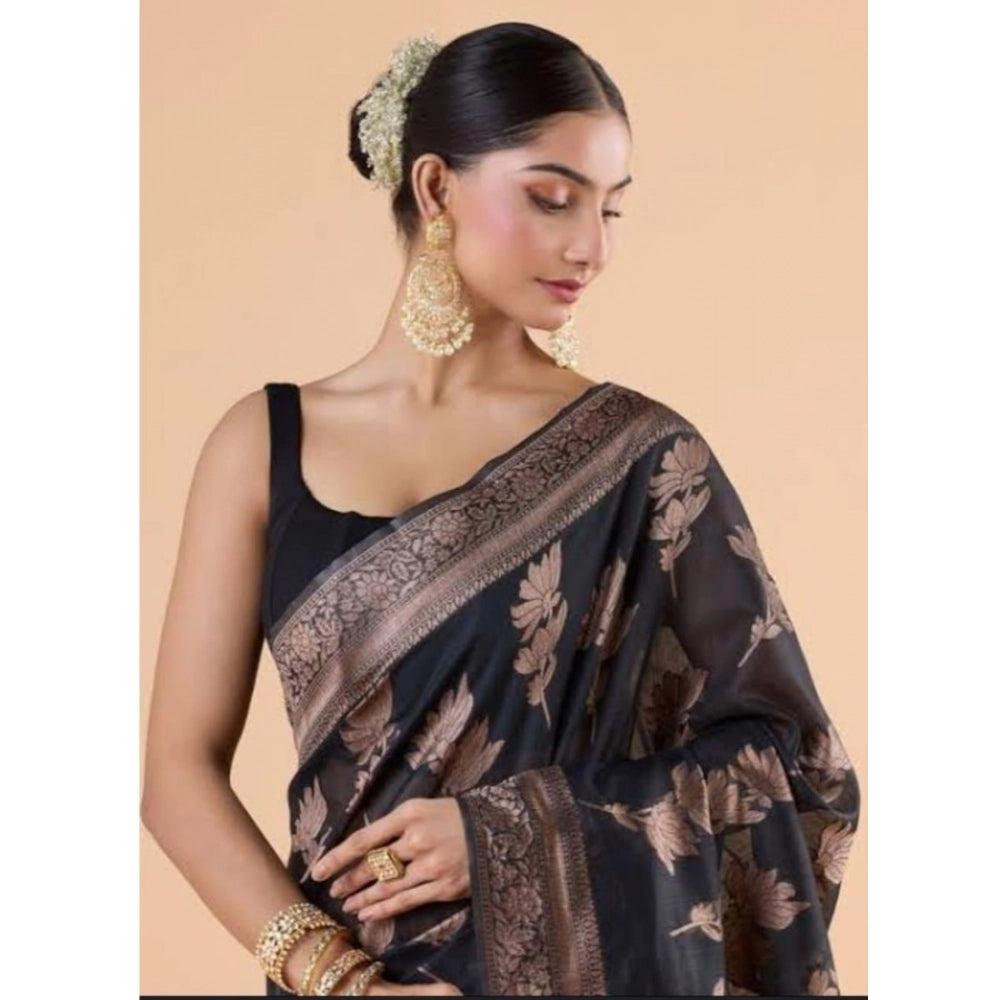 Women's Silk Printed Saree With Unstitched Blouse 5.5Mtr (Black) - VANSHELLE