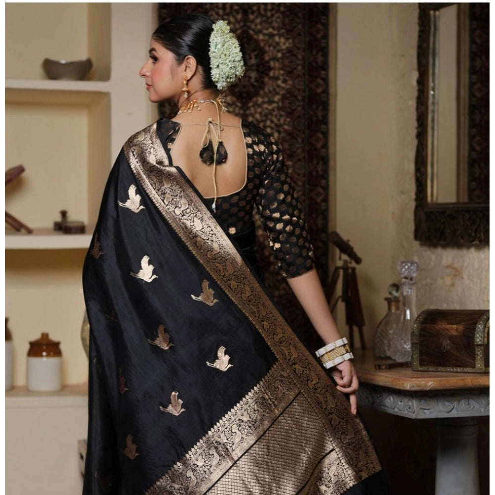 Women's Silk Printed Saree With Unstitched Blouse 5.5Mtr (Black) - VANSHELLE