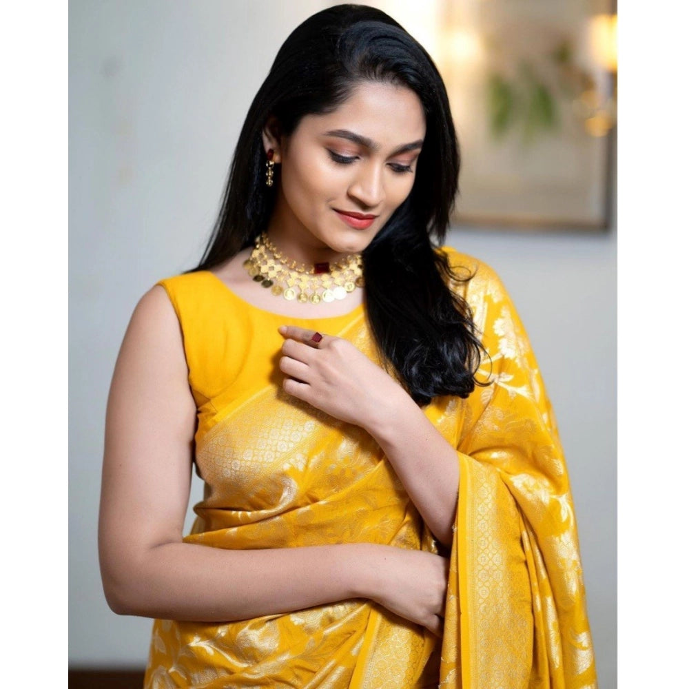 Women'S Silk Printed Saree With Unstitched Blouse 5.5Mtr (Yell