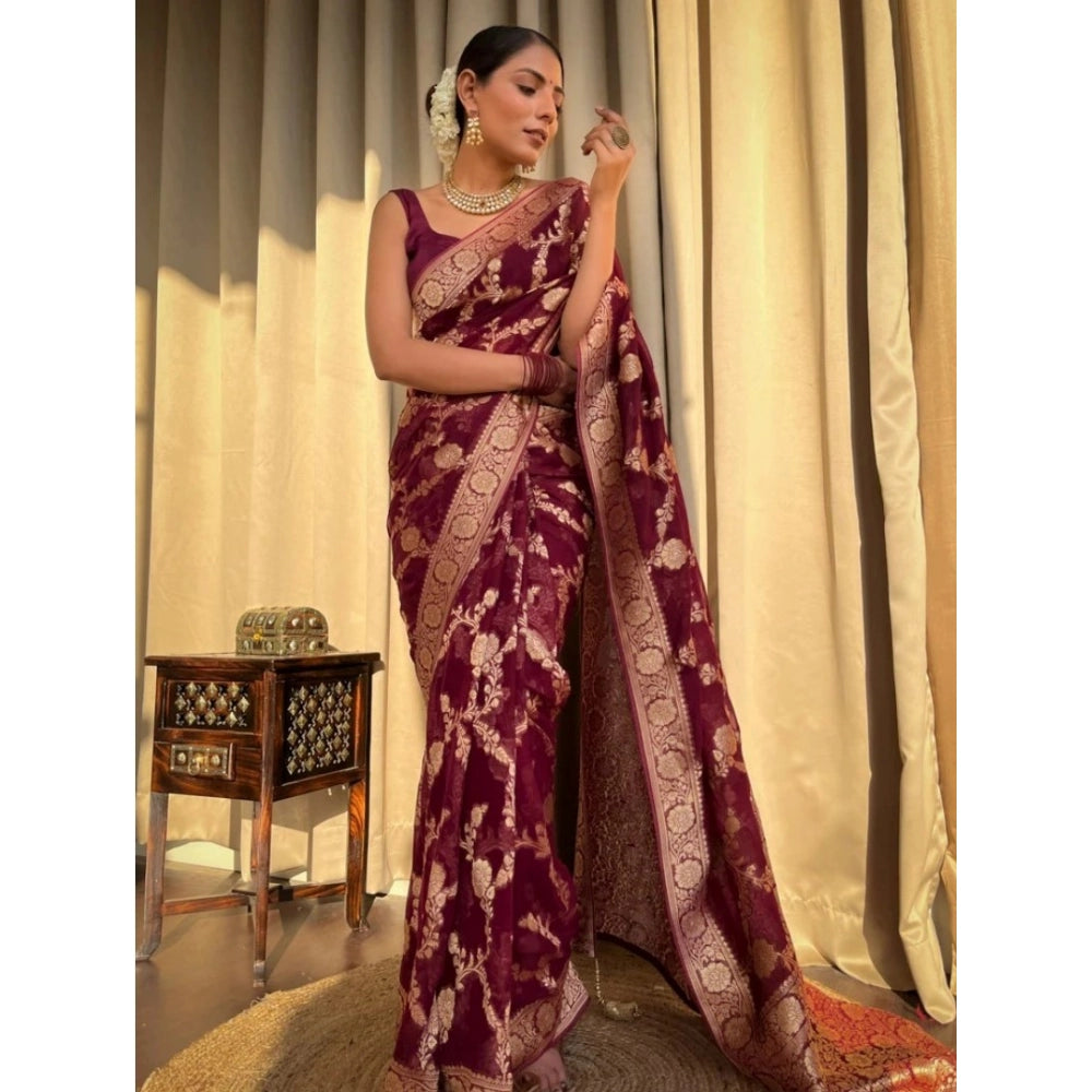 Women's Silk Printed Saree With Unstitched Blouse 5.5Mtr (Maroon) - VANSHELLE