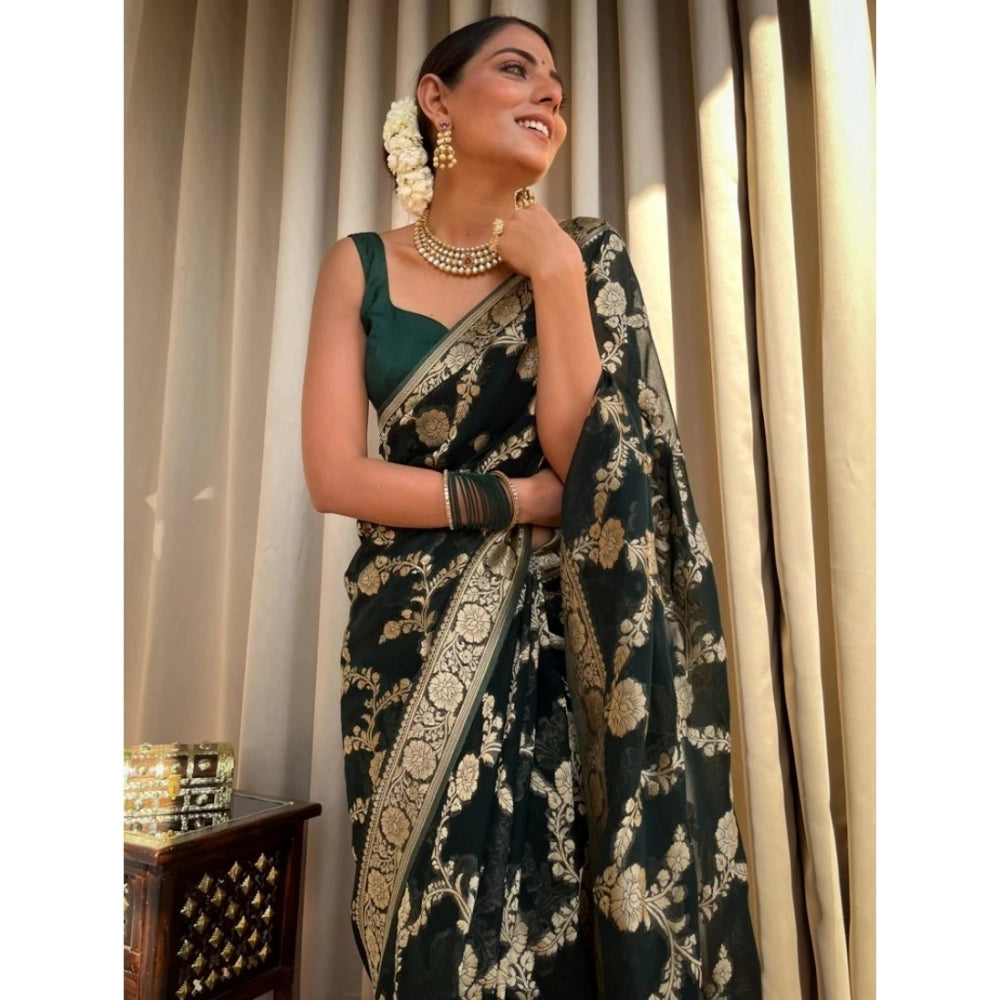 Women's Silk Printed Saree With Unstitched Blouse 5.5Mtr (Dark Green) - VANSHELLE
