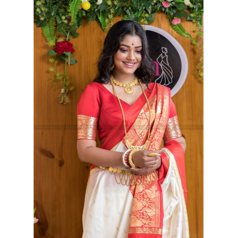 Women's Silk Printed Saree With Unstitched Blouse 5.5Mtr (White-Red) - VANSHELLE