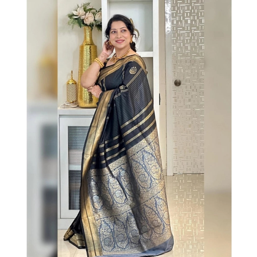 Women's Silk Printed Saree With Unstitched Blouse 5.5Mtr (Black) - VANSHELLE