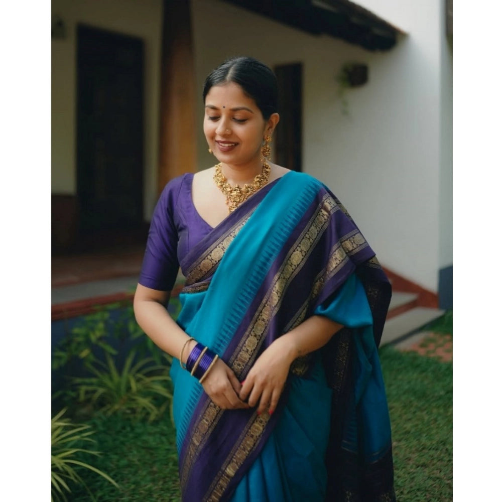 Women's Silk Printed Saree With Unstitched Blouse 5.5Mtr (Blue) - VANSHELLE