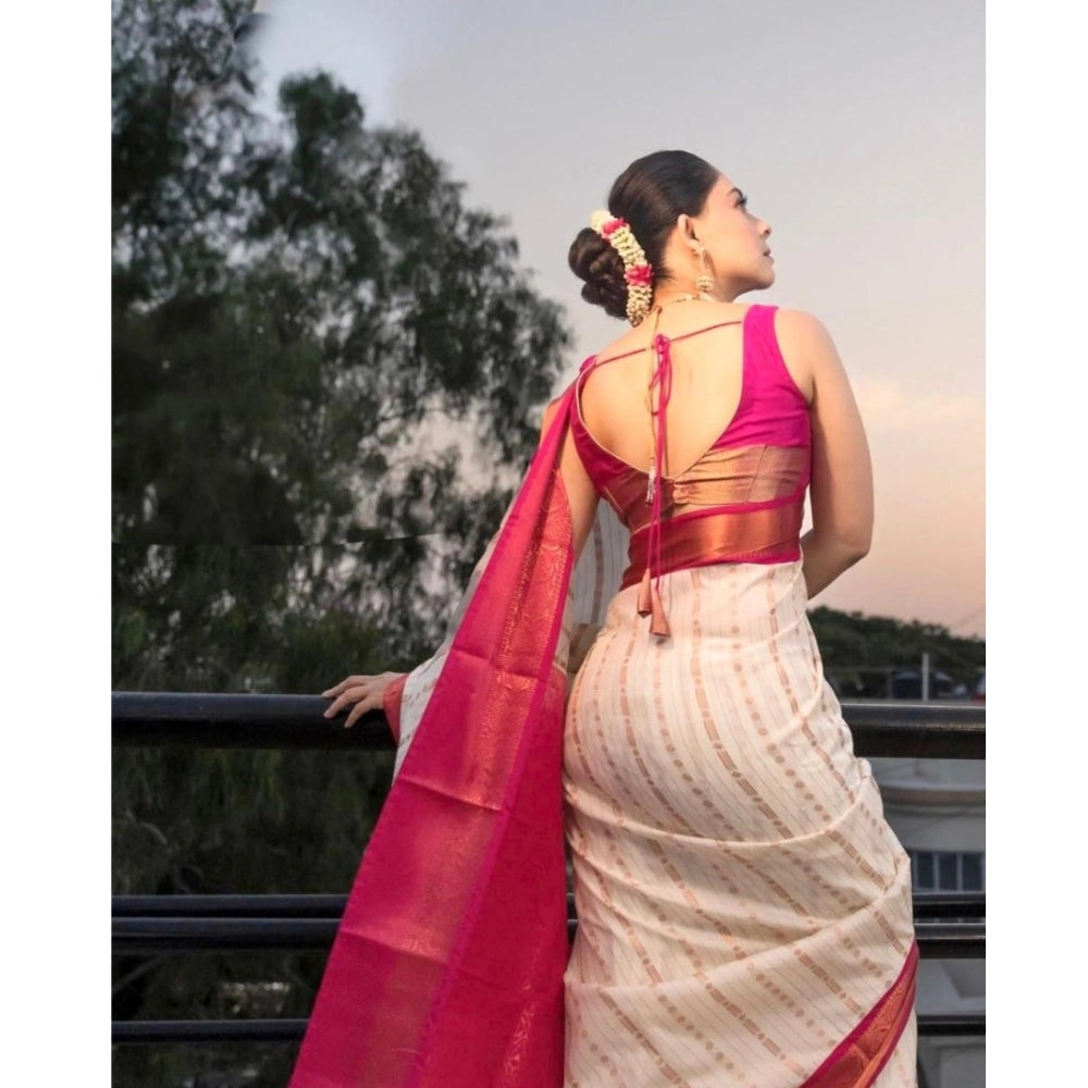 Women'S Silk Printed Saree With Unstitched Blouse 5.5Mtr (Whit