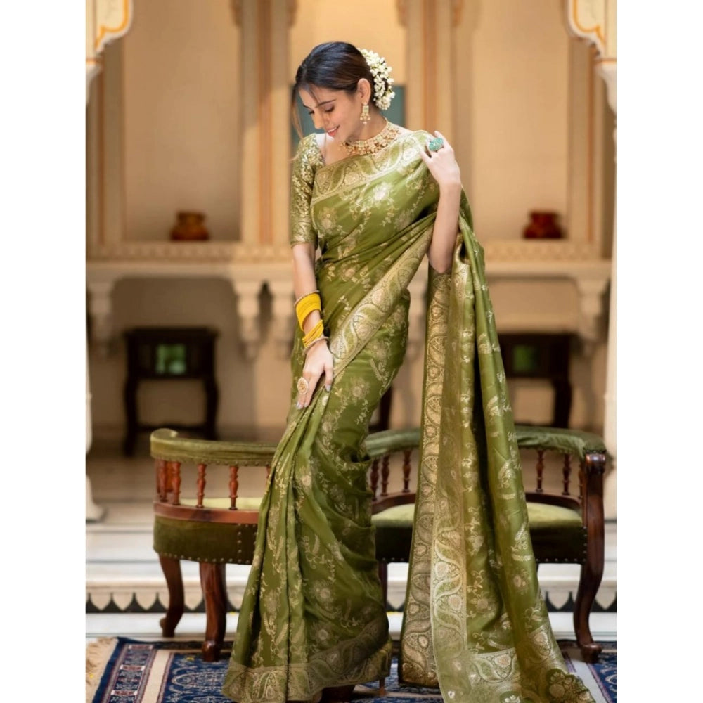 Women'S Silk Printed Saree With Unstitched Blouse 5.5Mtr (Oliv