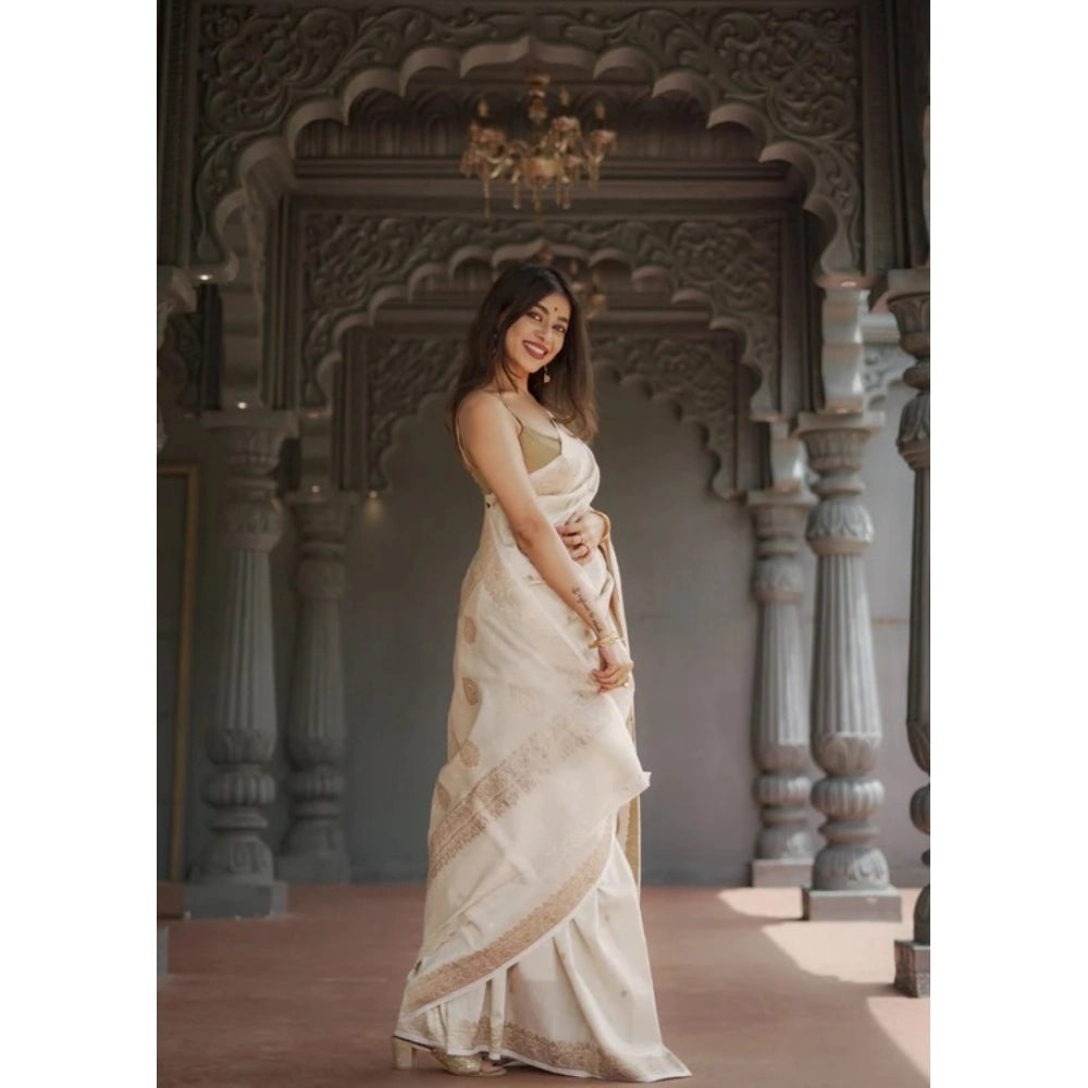 Women's Cotton Printed Saree With Unstitched Blouse 5.5Mtr (Cream) - VANSHELLE