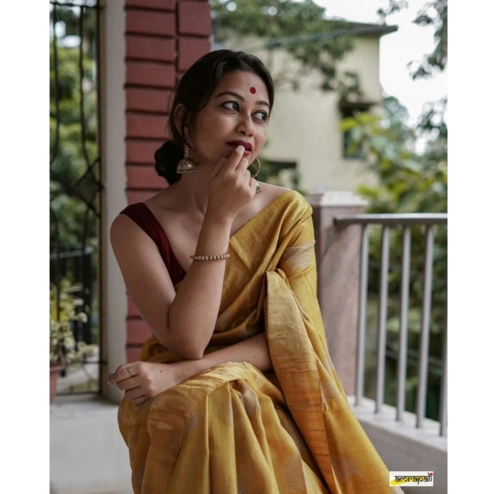 Women's Silk Printed Saree With Unstitched Blouse 5.5Mtr (Yellow) - VANSHELLE