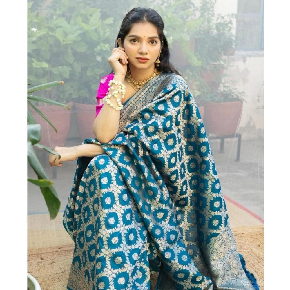 Women's Silk Printed Saree With Unstitched Blouse 5.5Mtr (Sky Blue) - VANSHELLE
