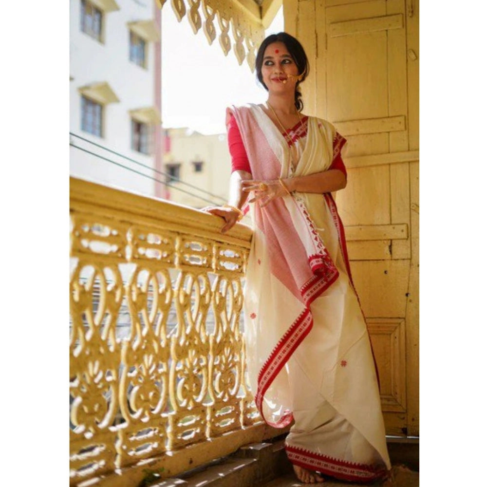 Women's Cotton Printed Saree With Unstitched Blouse 5.5Mtr (White) - VANSHELLE