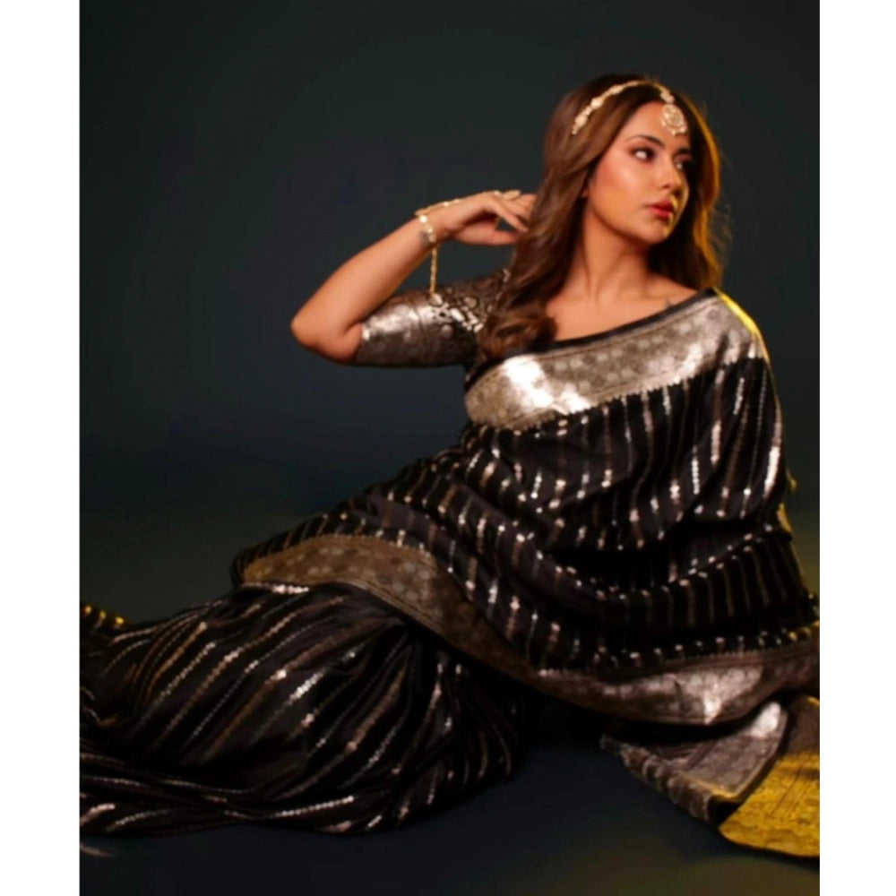 Women's Silk Printed Saree With Unstitched Blouse 5.5Mtr (Black) - VANSHELLE