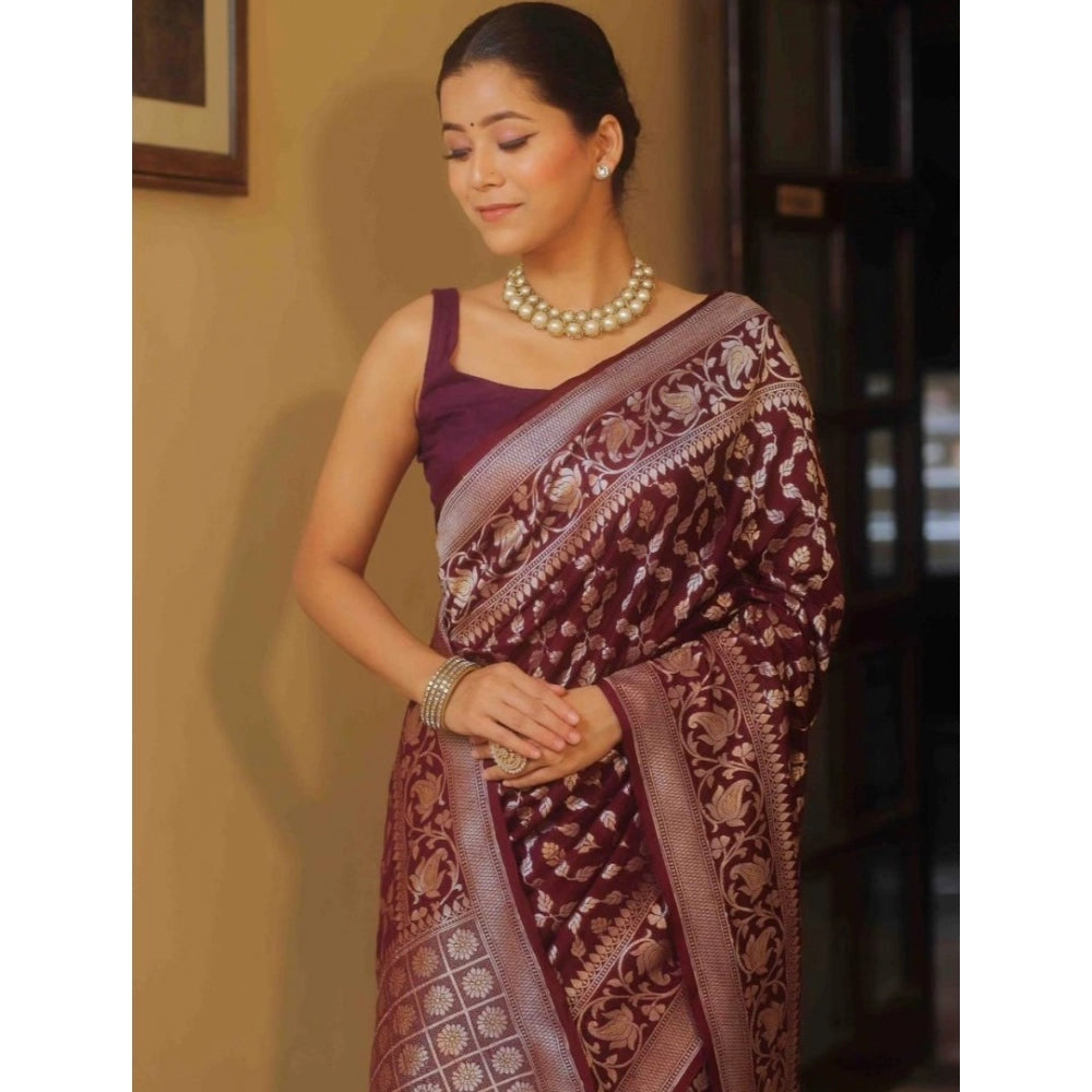 Women's Silk Printed Saree With Unstitched Blouse 5.5Mtr (Maroon) - VANSHELLE