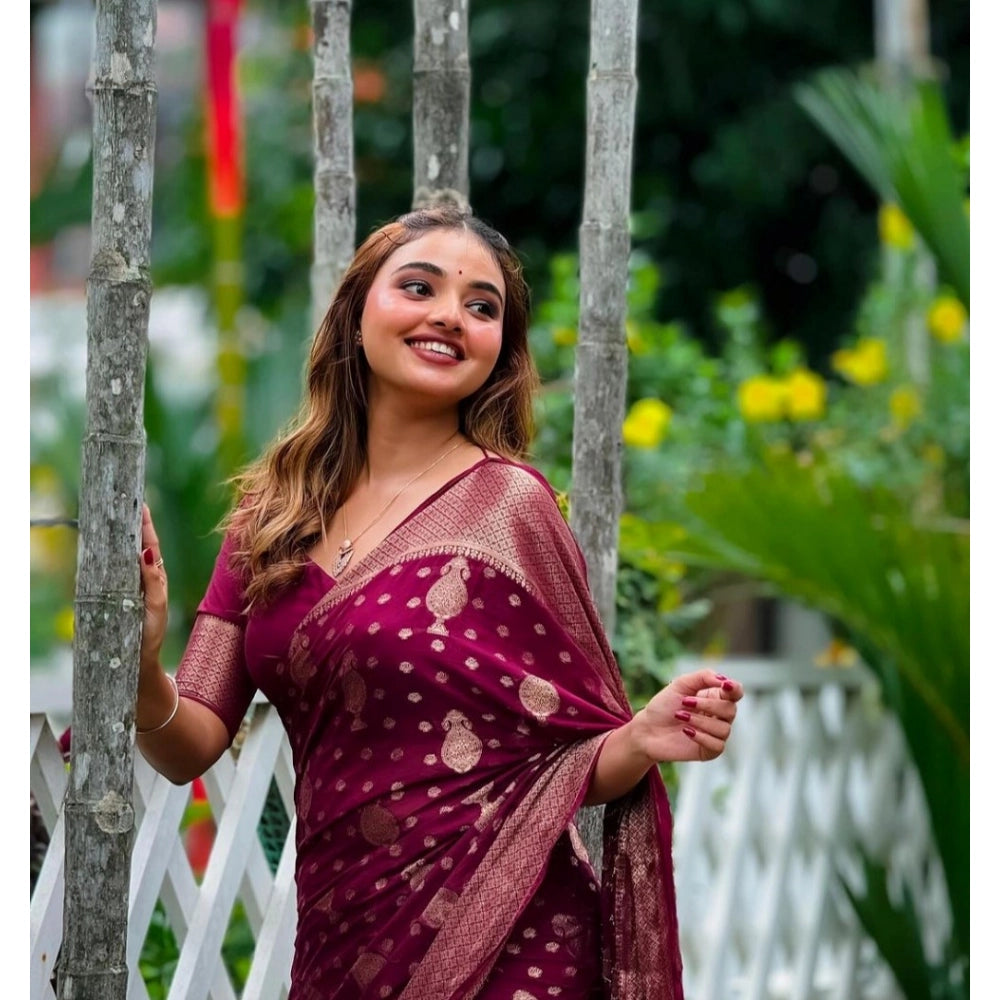 Women's Silk Printed Saree With Unstitched Blouse 5.5Mtr (Wine) - VANSHELLE