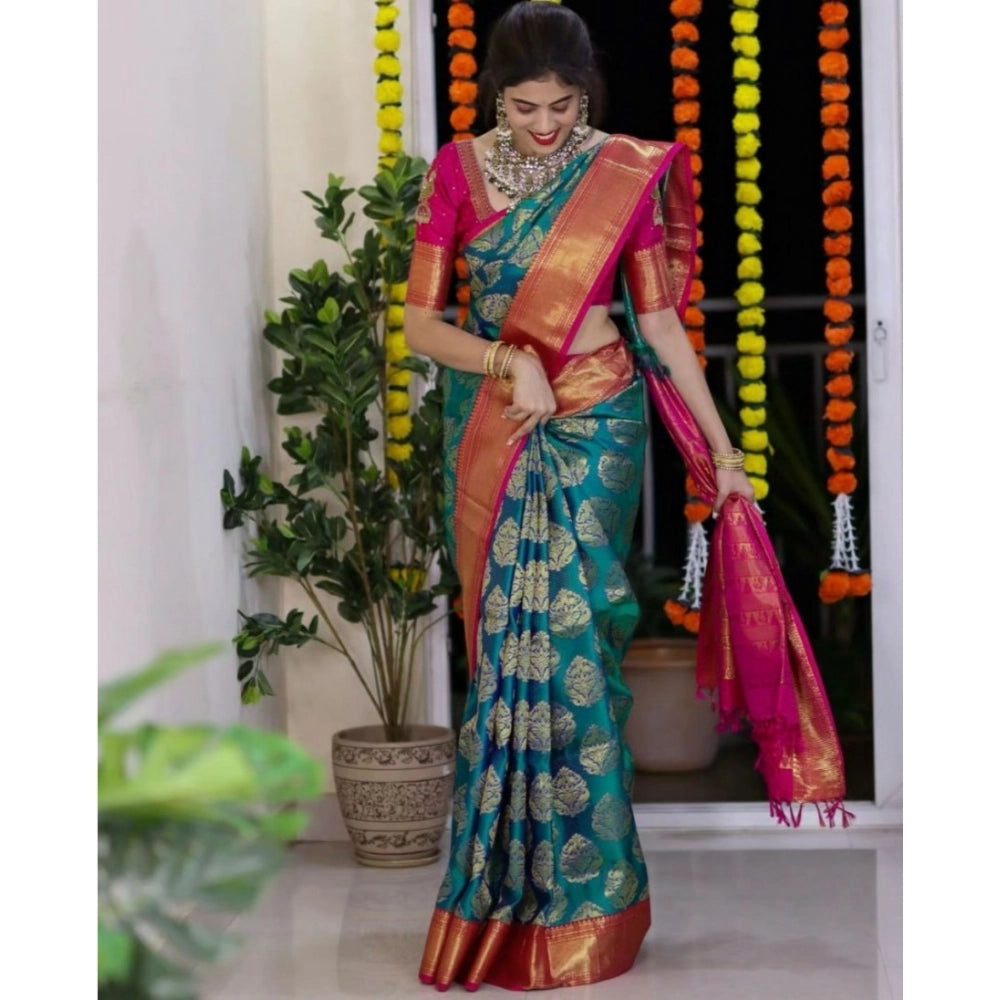Women's Silk Printed Saree With Unstitched Blouse 5.5Mtr (Teal Blue) - VANSHELLE