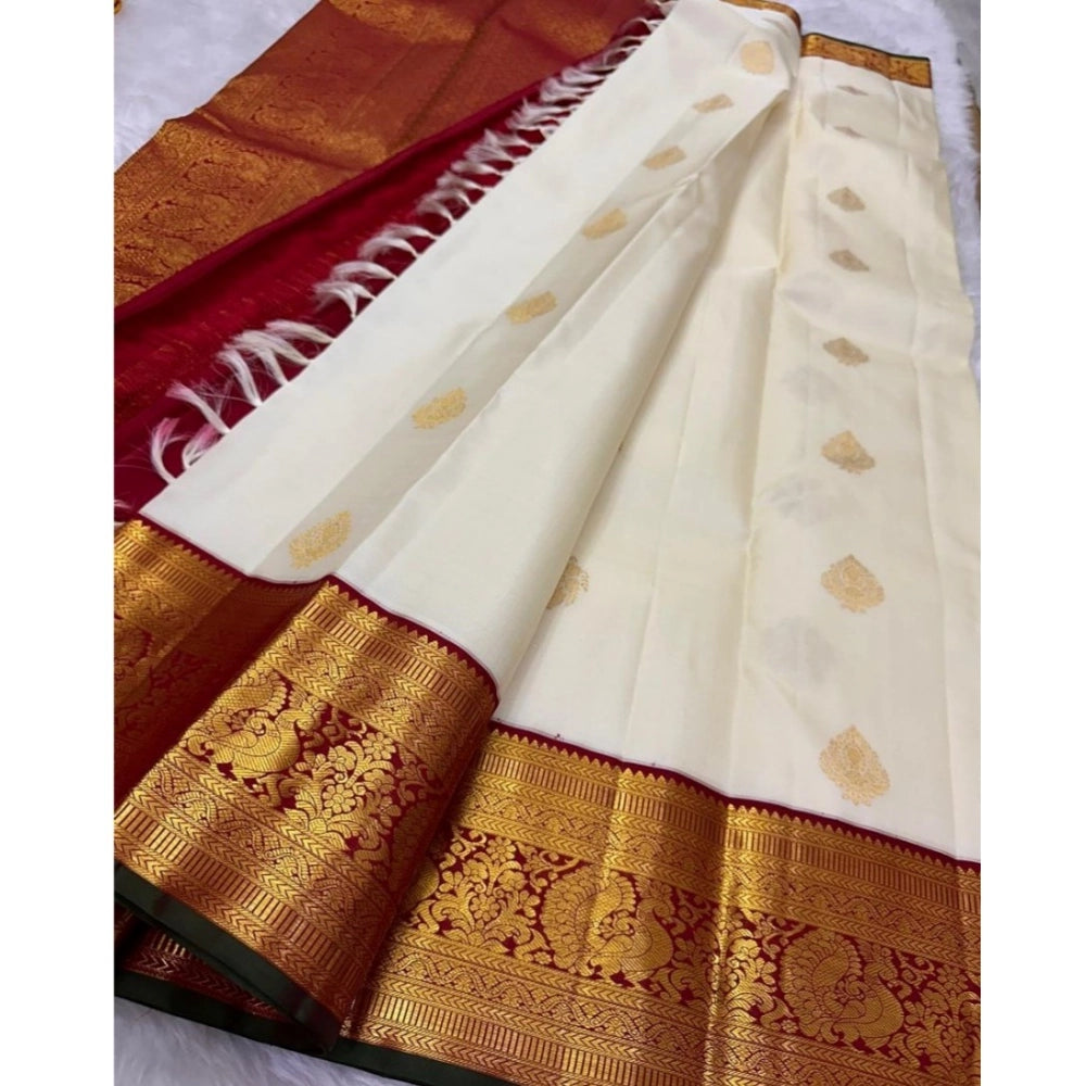 Women's Silk Printed Saree With Unstitched Blouse 5.5Mtr (Off White-Red) - VANSHELLE