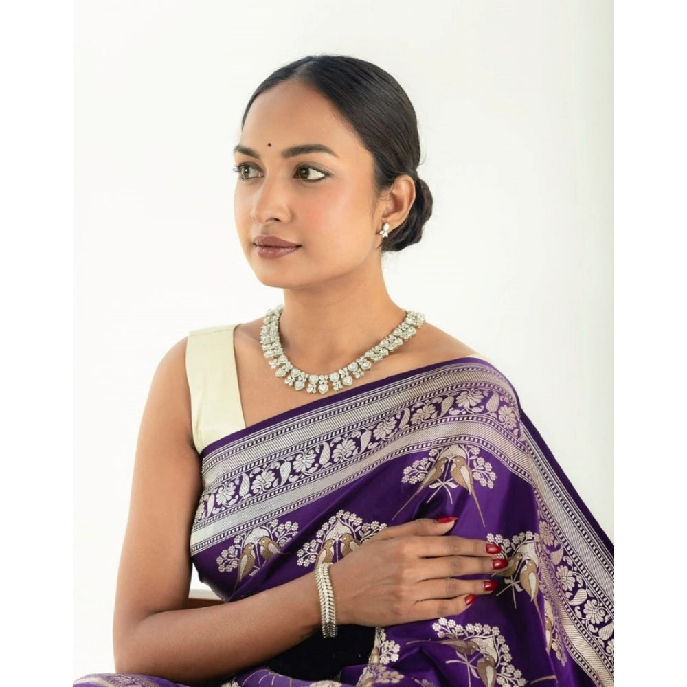 Women's Silk Printed Saree With Unstitched Blouse 5.5Mtr (Purple) - VANSHELLE