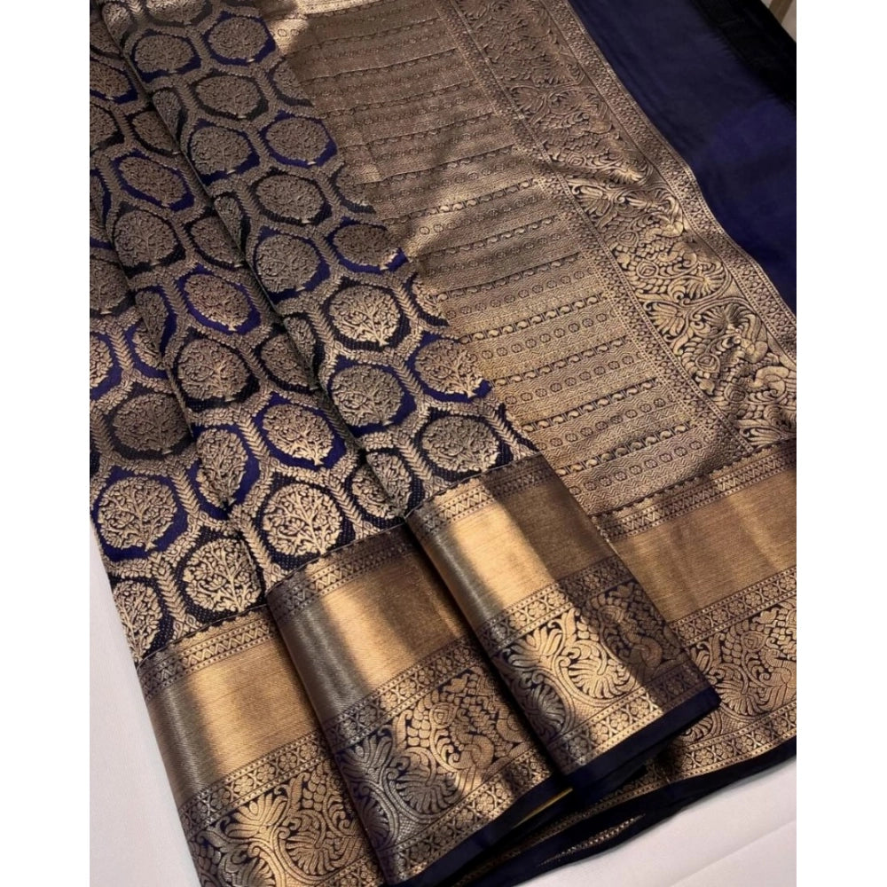 Women's Silk Printed Saree With Unstitched Blouse 5.5Mtr (Navy Blue) - VANSHELLE