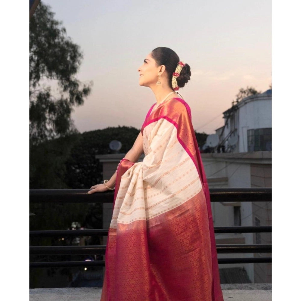 Women'S Silk Printed Saree With Unstitched Blouse 5.5Mtr (Whit