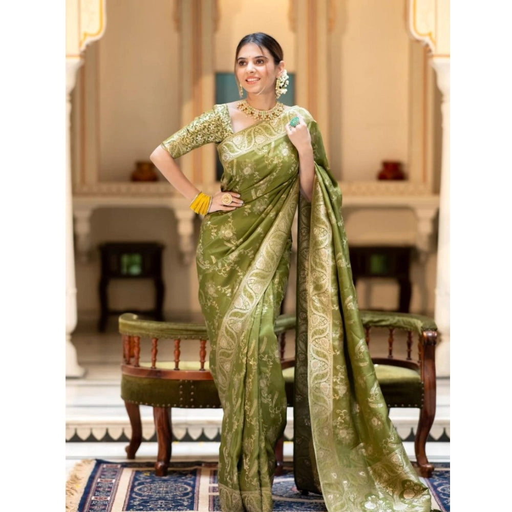 Women'S Silk Printed Saree With Unstitched Blouse 5.5Mtr (Oliv