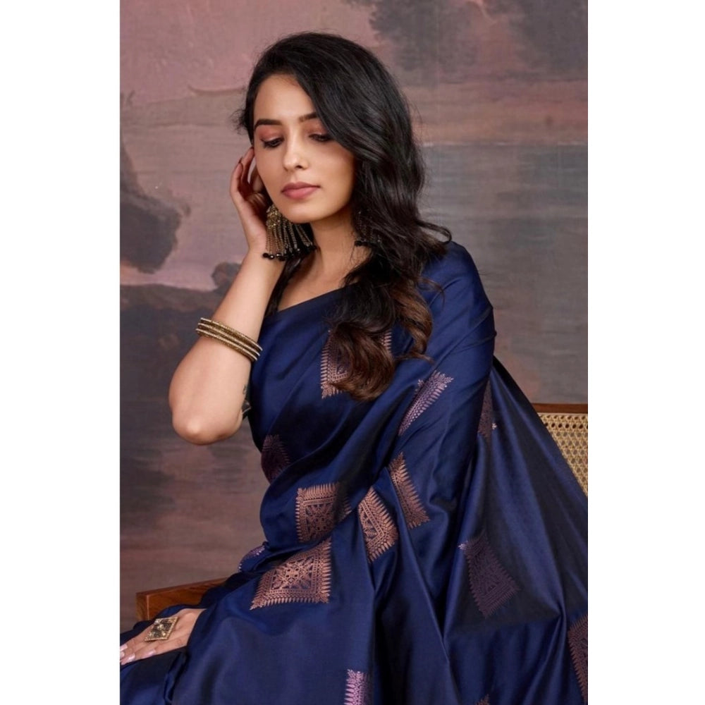 Women's Silk Printed Saree With Unstitched Blouse 5.5Mtr (Navy Blue) - VANSHELLE