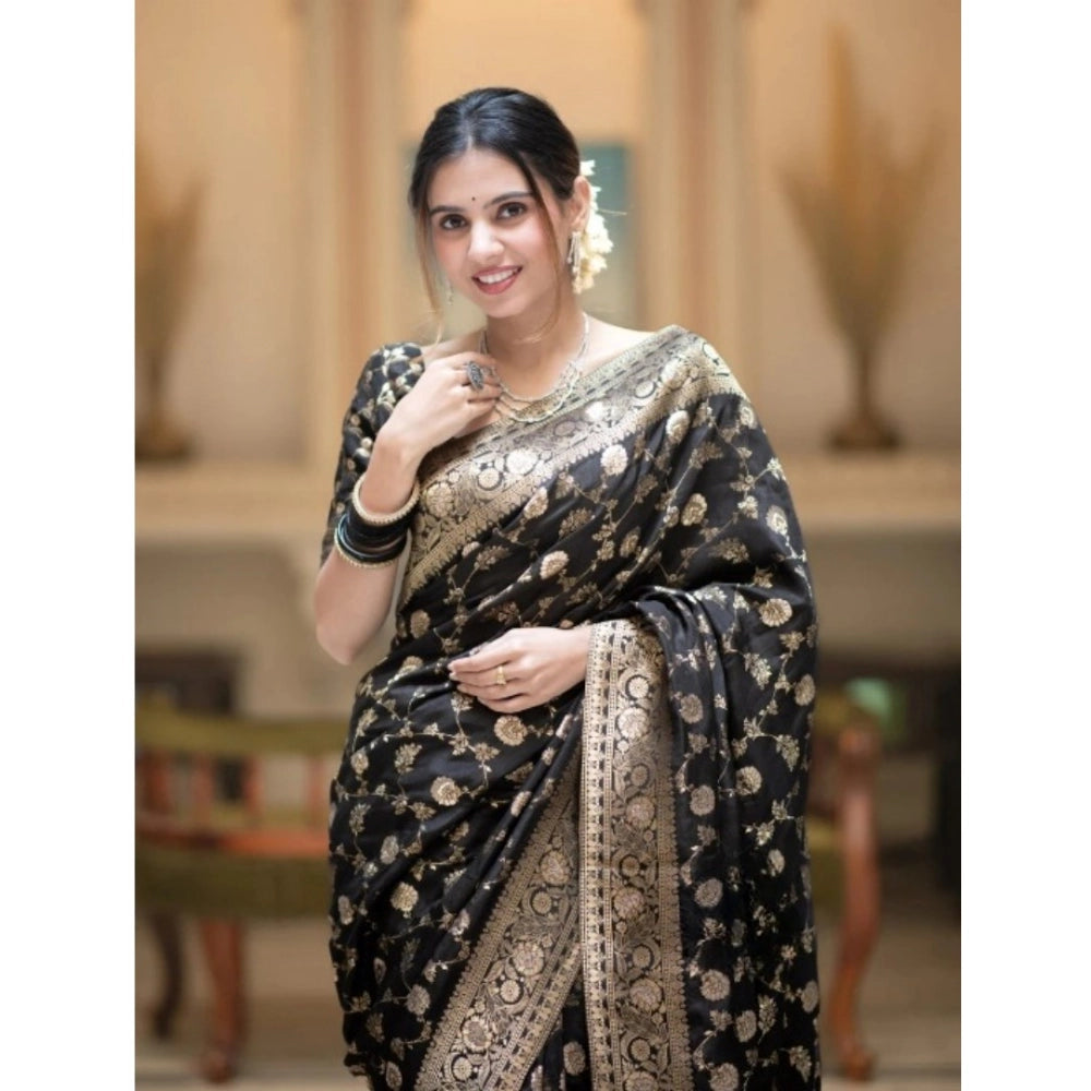 Women's Silk Printed Saree With Unstitched Blouse 5.5Mtr (Black) - VANSHELLE