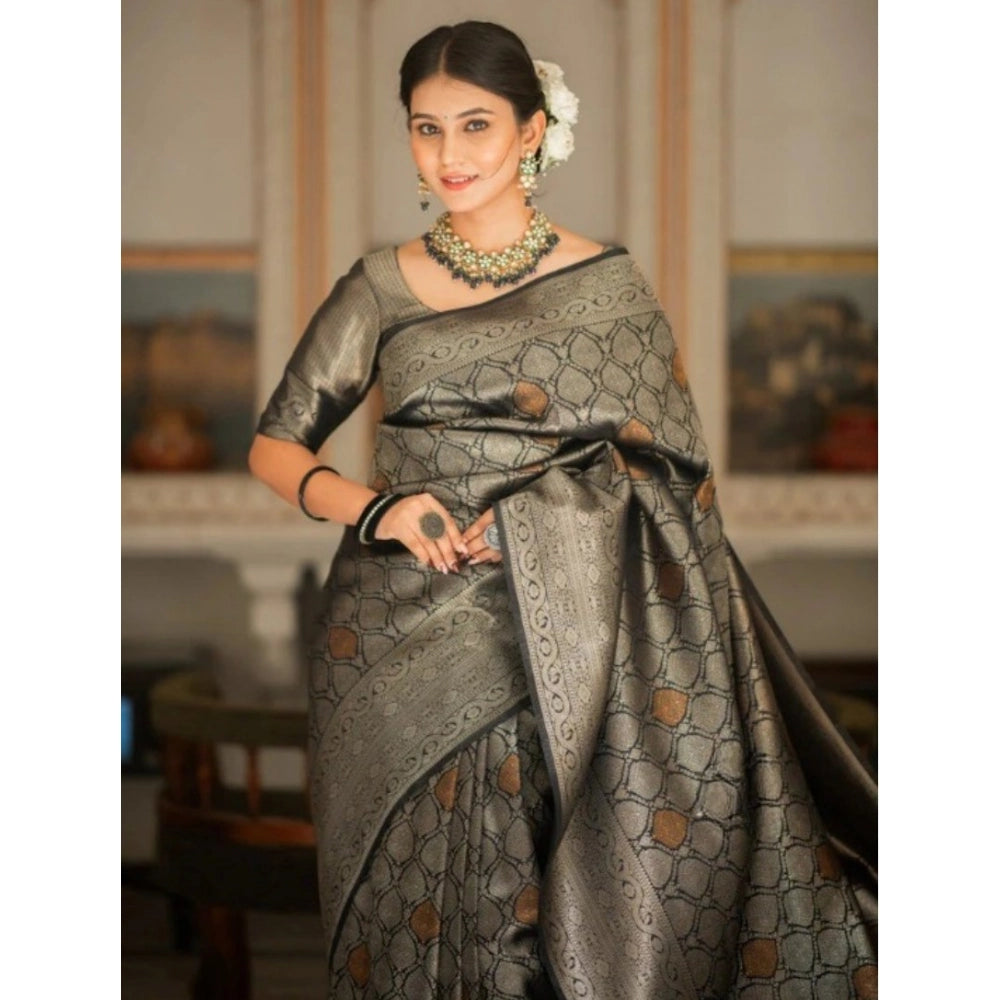 Women's Silk Printed Saree With Unstitched Blouse 5.5Mtr (Black) - VANSHELLE