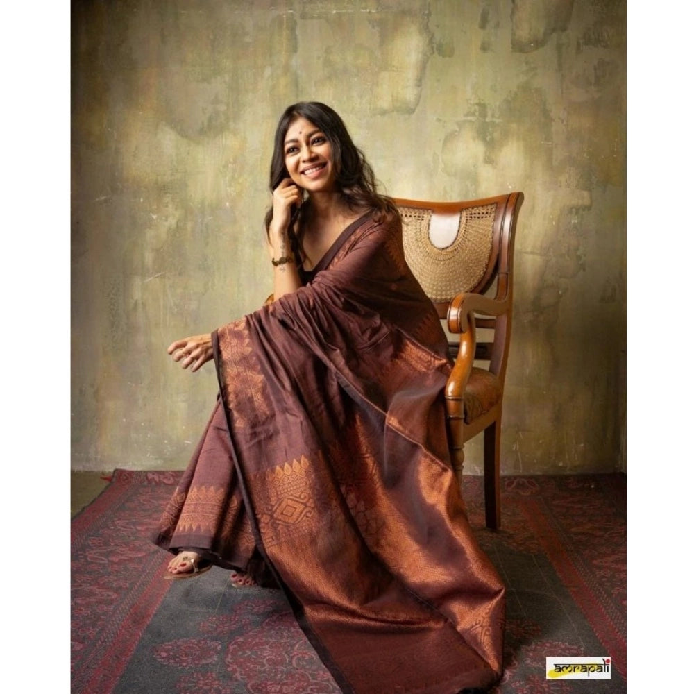 Women'S Silk Printed Saree With Unstitched Blouse 5.5Mtr (Coff