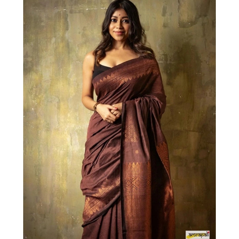 Women'S Silk Printed Saree With Unstitched Blouse 5.5Mtr (Coff