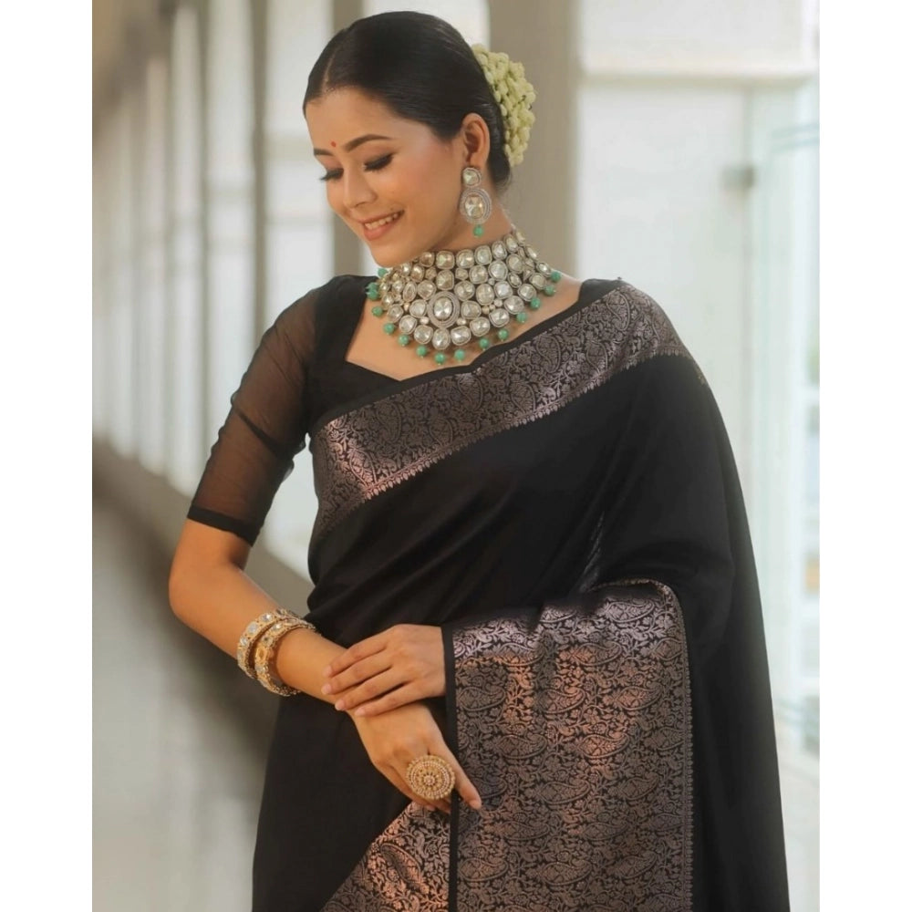 Women's Silk Printed Saree With Unstitched Blouse 5.5Mtr (Black) - VANSHELLE