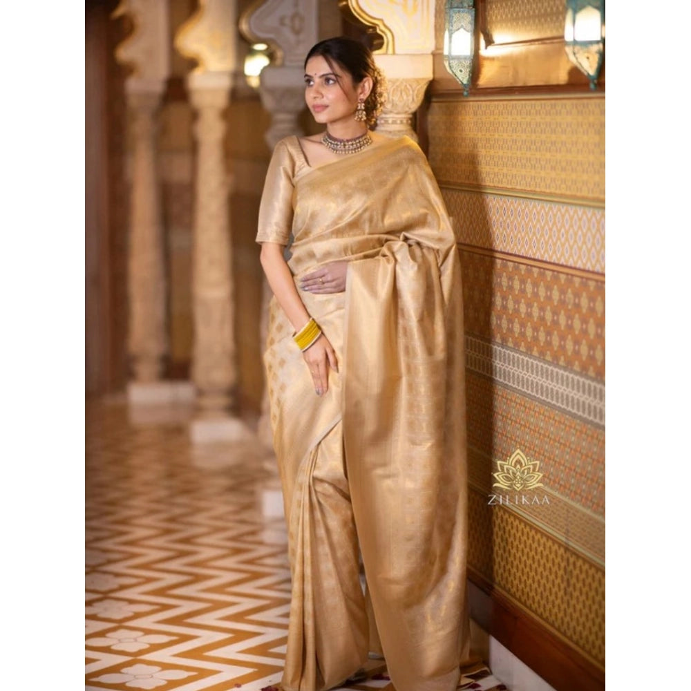 Women's Silk Printed Saree With Unstitched Blouse 5.5Mtr (Cream) - VANSHELLE