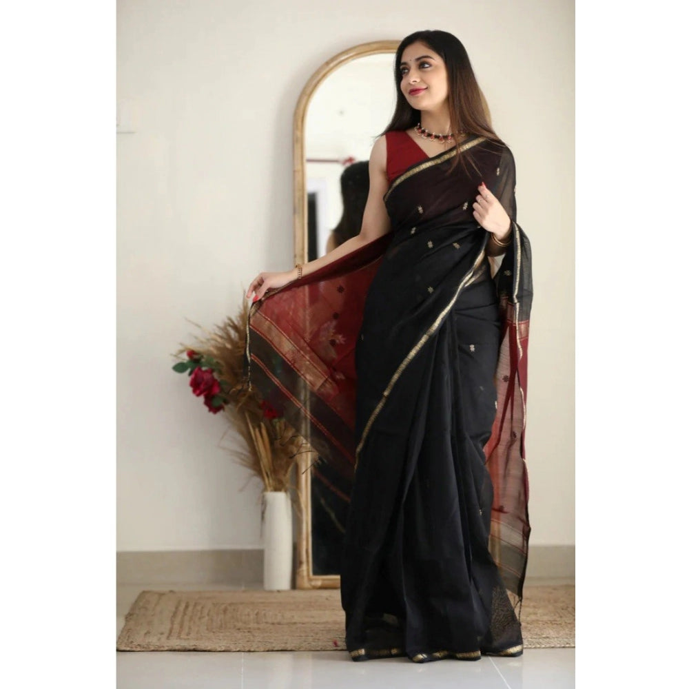 Women's Cotton Printed Saree With Unstitched Blouse 5.5Mtr (Black) - VANSHELLE