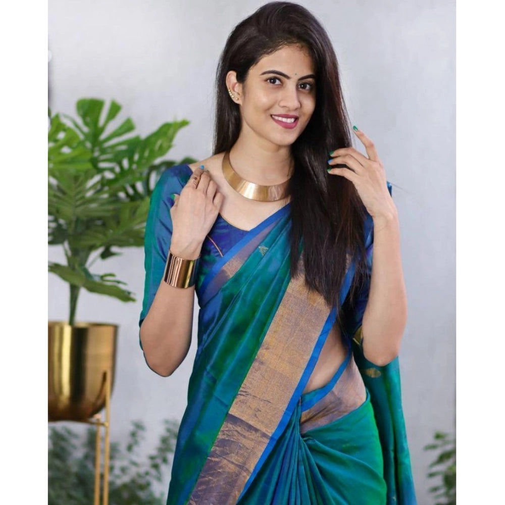 Women's Silk Printed Saree With Unstitched Blouse 5.5Mtr (Blue) - VANSHELLE