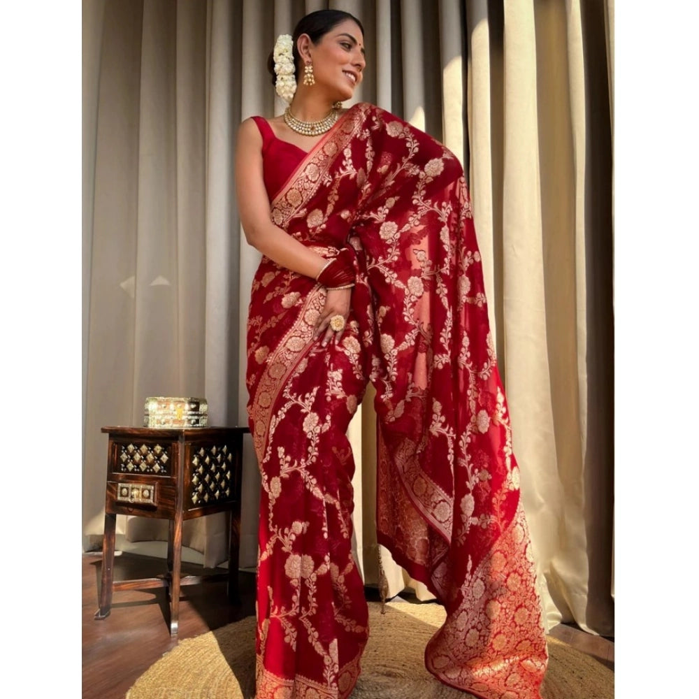 Women's Silk Printed Saree With Unstitched Blouse 5.5Mtr (Red) - VANSHELLE