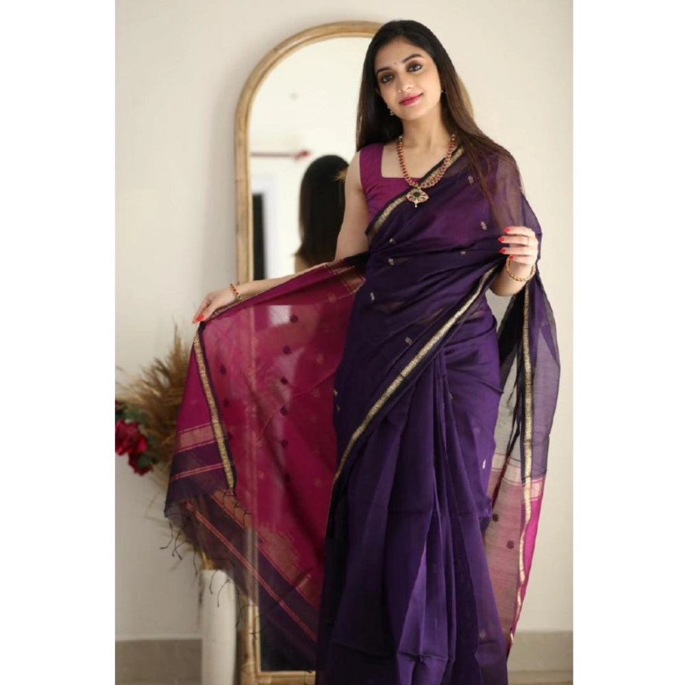Women's Cotton Printed Saree With Unstitched Blouse 5.5Mtr (Navy Blue) - VANSHELLE