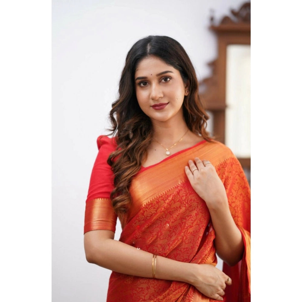 Women's Silk Printed Saree With Unstitched Blouse 5.5Mtr (Orange) - VANSHELLE
