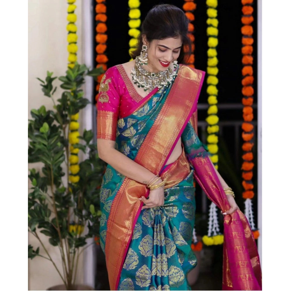 Women's Silk Printed Saree With Unstitched Blouse 5.5Mtr (Teal Blue) - VANSHELLE