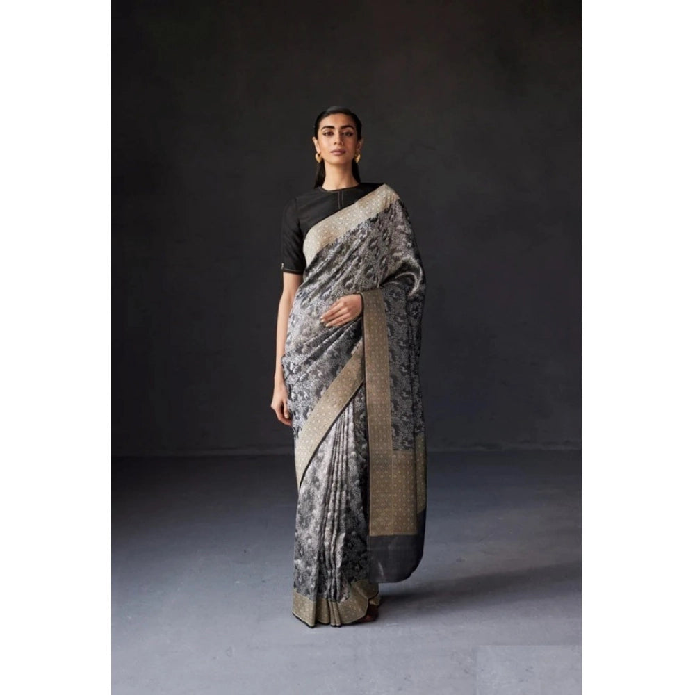 Women'S Silk Printed Saree With Unstitched Blouse 5.5Mtr (Grey